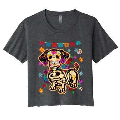 Sugar Skull Mexican Dachshund Bone Halloween Day Of Dead Women's Crop Top Tee