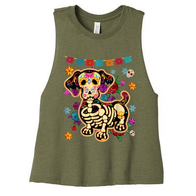 Sugar Skull Mexican Dachshund Bone Halloween Day Of Dead Women's Racerback Cropped Tank