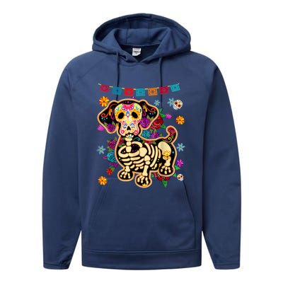 Sugar Skull Mexican Dachshund Bone Halloween Day Of Dead Performance Fleece Hoodie