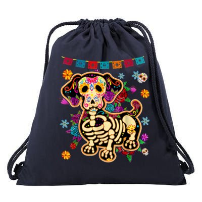 Sugar Skull Mexican Dachshund Bone Halloween Day Of Dead Drawstring Bag