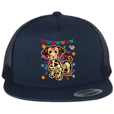 Sugar Skull Mexican Dachshund Bone Halloween Day Of Dead Flat Bill Trucker Hat