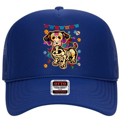 Sugar Skull Mexican Dachshund Bone Halloween Day Of Dead High Crown Mesh Back Trucker Hat