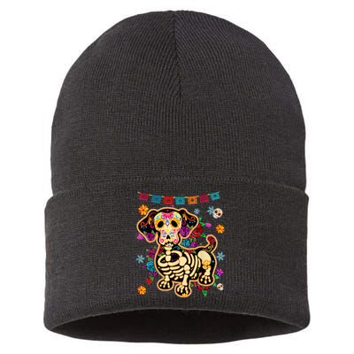 Sugar Skull Mexican Dachshund Bone Halloween Day Of Dead Sustainable Knit Beanie