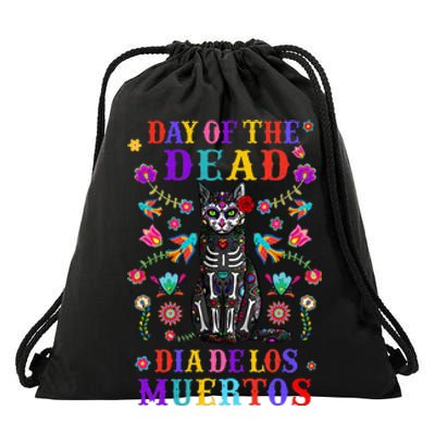 sugar skull mexican cat halloween day of dead Drawstring Bag