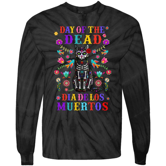 sugar skull mexican cat halloween day of dead Tie-Dye Long Sleeve Shirt