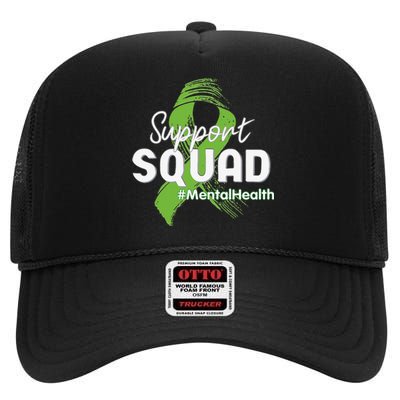 Support Squad Mental Health Awareness Lime Green Ribbon High Crown Mesh Back Trucker Hat