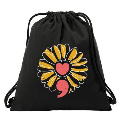 Semicolon Sunflower Mental Health Strength Hope Solidarity Drawstring Bag