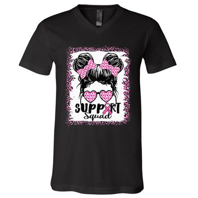 Support Squad Messy Hair Bun Pink Warrior Breast Cancer V-Neck T-Shirt