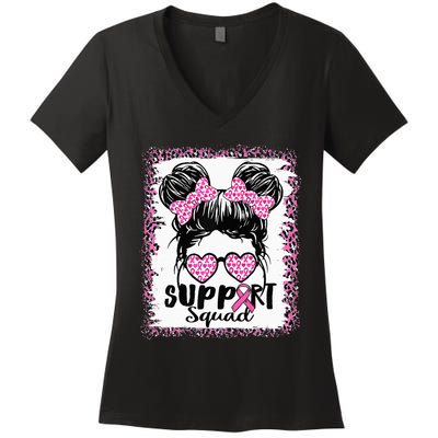 Support Squad Messy Hair Bun Pink Warrior Breast Cancer Women's V-Neck T-Shirt