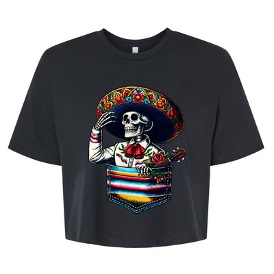 Serape Skeleton Mariachi Sombrero Hat Cinco De Mayo Pocket Bella+Canvas Jersey Crop Tee