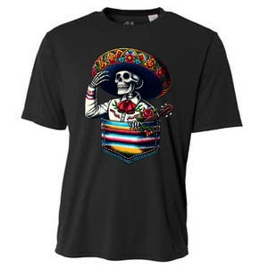 Serape Skeleton Mariachi Sombrero Hat Cinco De Mayo Pocket Cooling Performance Crew T-Shirt