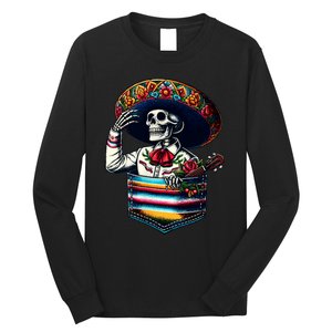 Serape Skeleton Mariachi Sombrero Hat Cinco De Mayo Pocket Long Sleeve Shirt