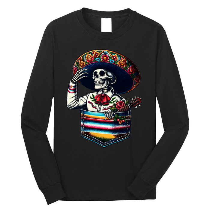 Serape Skeleton Mariachi Sombrero Hat Cinco De Mayo Pocket Long Sleeve Shirt