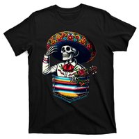 Serape Skeleton Mariachi Sombrero Hat Cinco De Mayo Pocket T-Shirt