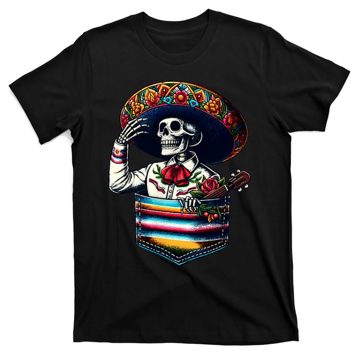 Serape Skeleton Mariachi Sombrero Hat Cinco De Mayo Pocket T-Shirt