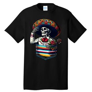 Serape Skeleton Mariachi Sombrero Hat Cinco De Mayo Pocket Tall T-Shirt