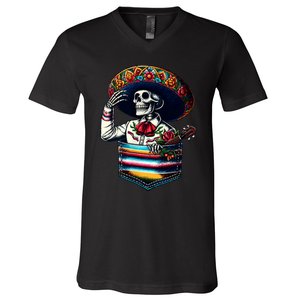 Serape Skeleton Mariachi Sombrero Hat Cinco De Mayo Pocket V-Neck T-Shirt