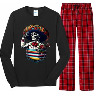 Serape Skeleton Mariachi Sombrero Hat Cinco De Mayo Pocket Long Sleeve Pajama Set