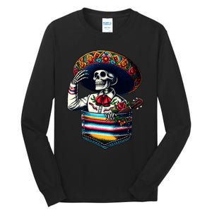 Serape Skeleton Mariachi Sombrero Hat Cinco De Mayo Pocket Tall Long Sleeve T-Shirt