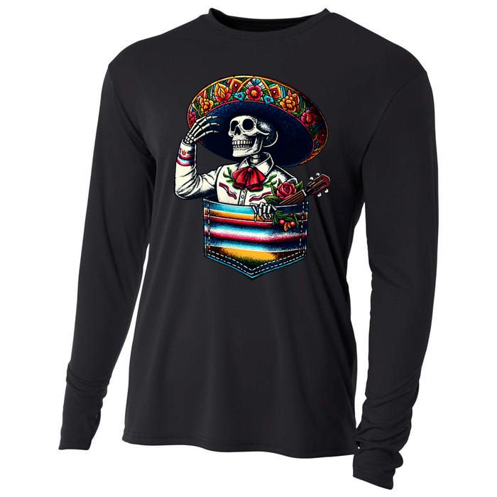 Serape Skeleton Mariachi Sombrero Hat Cinco De Mayo Pocket Cooling Performance Long Sleeve Crew