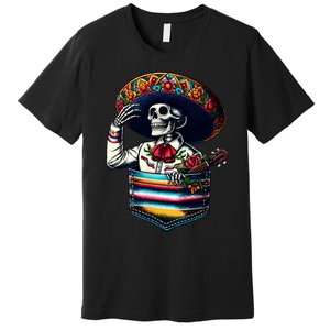 Serape Skeleton Mariachi Sombrero Hat Cinco De Mayo Pocket Premium T-Shirt