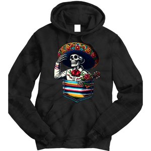 Serape Skeleton Mariachi Sombrero Hat Cinco De Mayo Pocket Tie Dye Hoodie