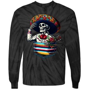 Serape Skeleton Mariachi Sombrero Hat Cinco De Mayo Pocket Tie-Dye Long Sleeve Shirt