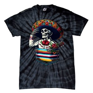 Serape Skeleton Mariachi Sombrero Hat Cinco De Mayo Pocket Tie-Dye T-Shirt