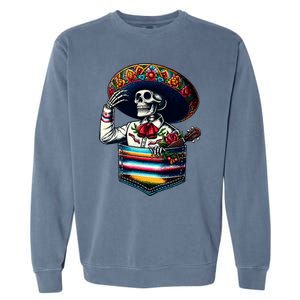 Serape Skeleton Mariachi Sombrero Hat Cinco De Mayo Pocket Garment-Dyed Sweatshirt