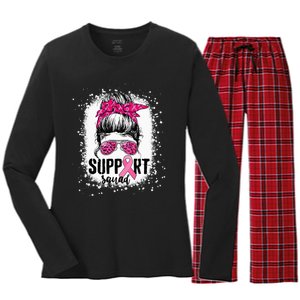 Support Squad Messy Bun Pink Warrior Breast Cancer Awareness Women's Long Sleeve Flannel Pajama Set 