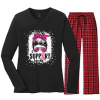 Support Squad Messy Bun Pink Warrior Breast Cancer Awareness Women's Long Sleeve Flannel Pajama Set 