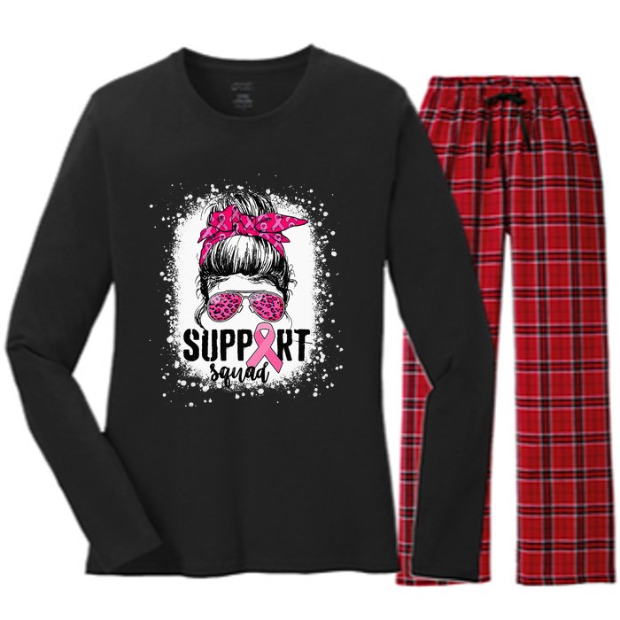 Support Squad Messy Bun Pink Warrior Breast Cancer Awareness Women's Long Sleeve Flannel Pajama Set 