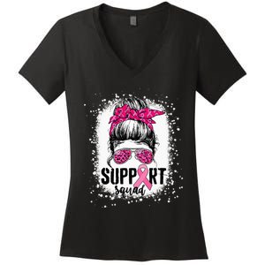 Support Squad Messy Bun Pink Warrior Breast Cancer Awareness Women's V-Neck T-Shirt