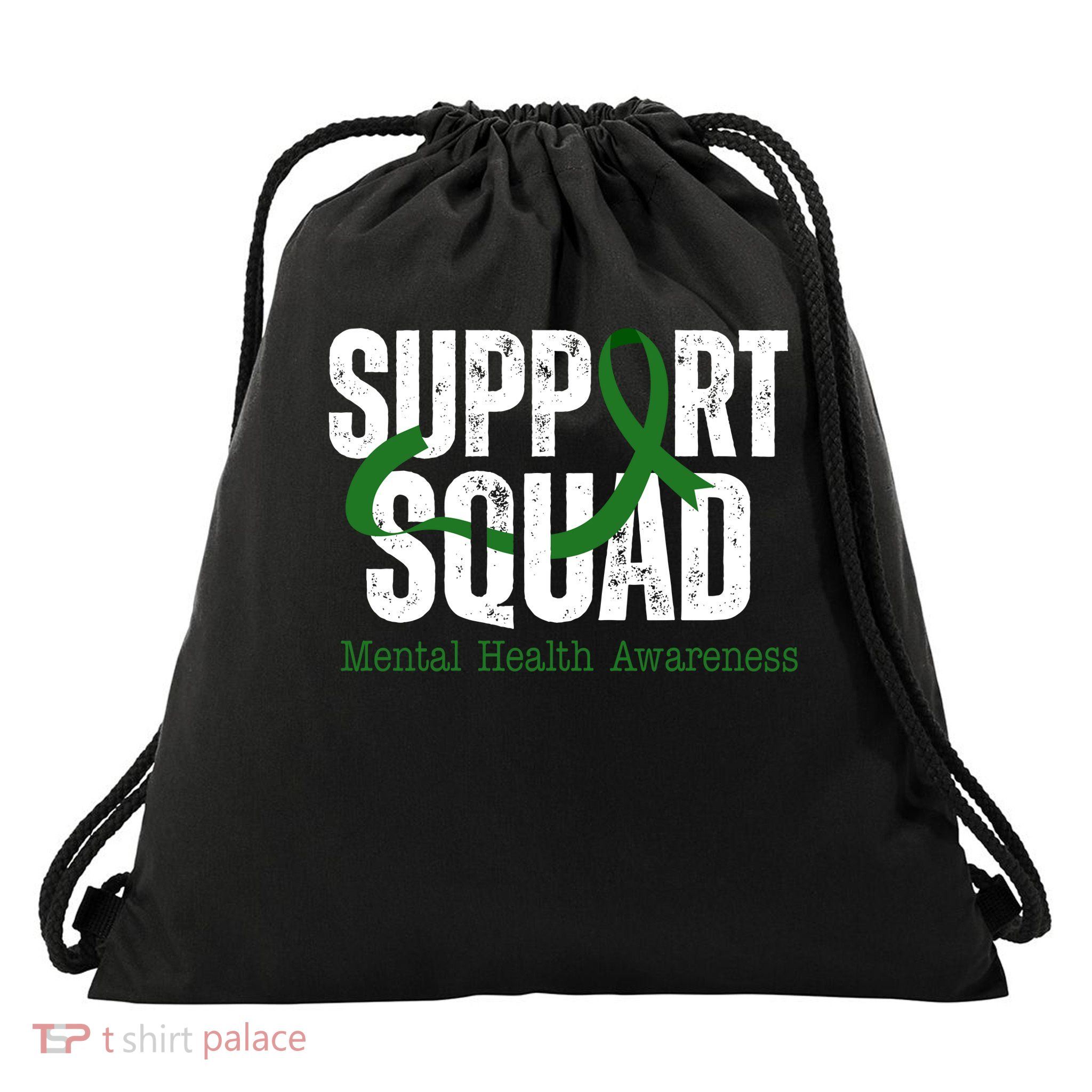 Support Squad Mental Health Awareness Green Ribbon Drawstring Bag