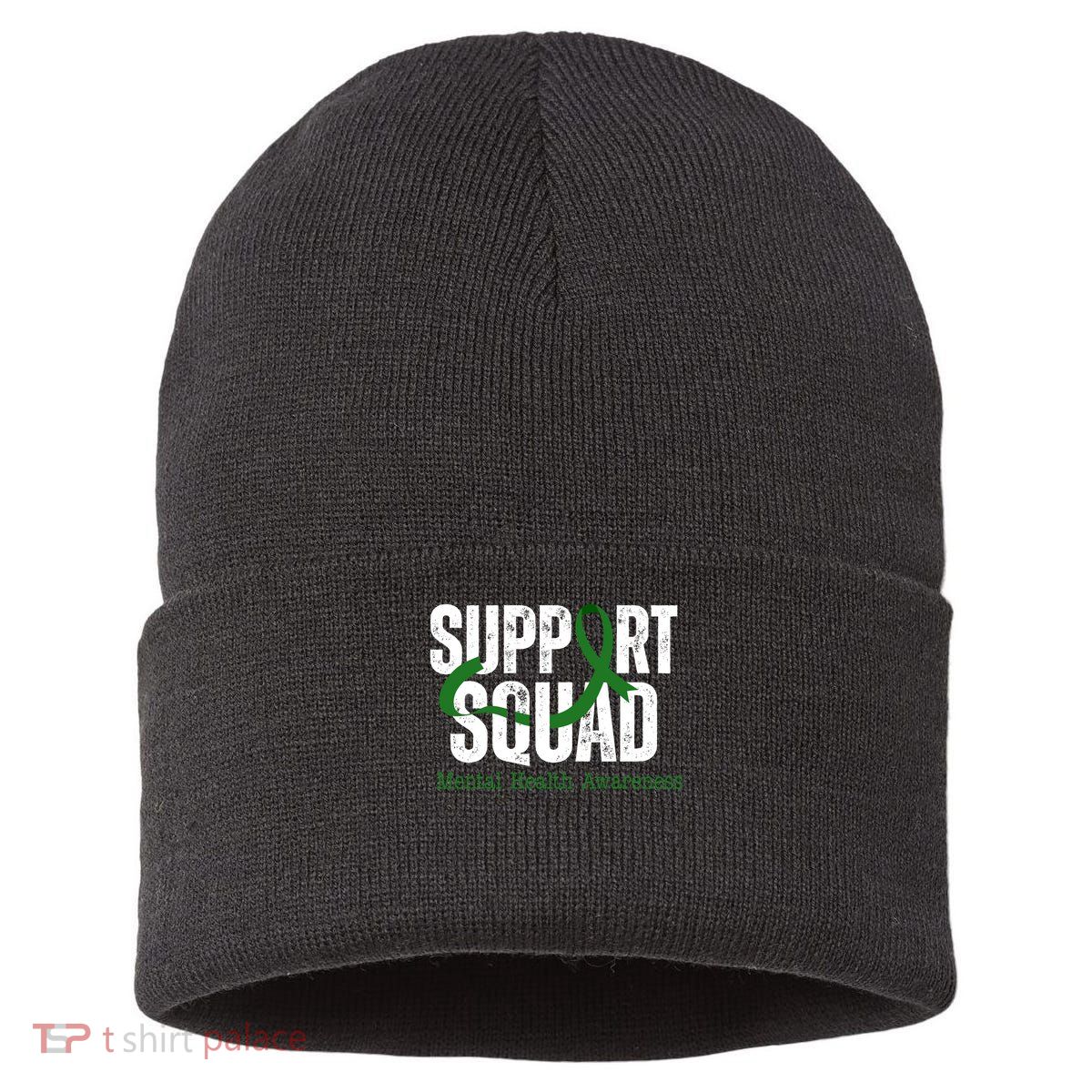 Support Squad Mental Health Awareness Green Ribbon Sustainable Knit Beanie