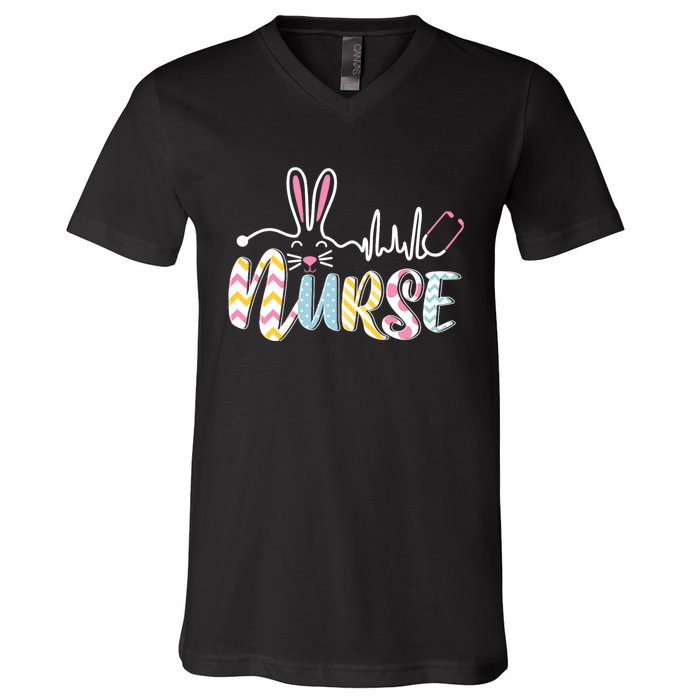 Stethoscope Scrub Nurse Life Easter Day Cute Bunny With Eggs V-Neck T-Shirt