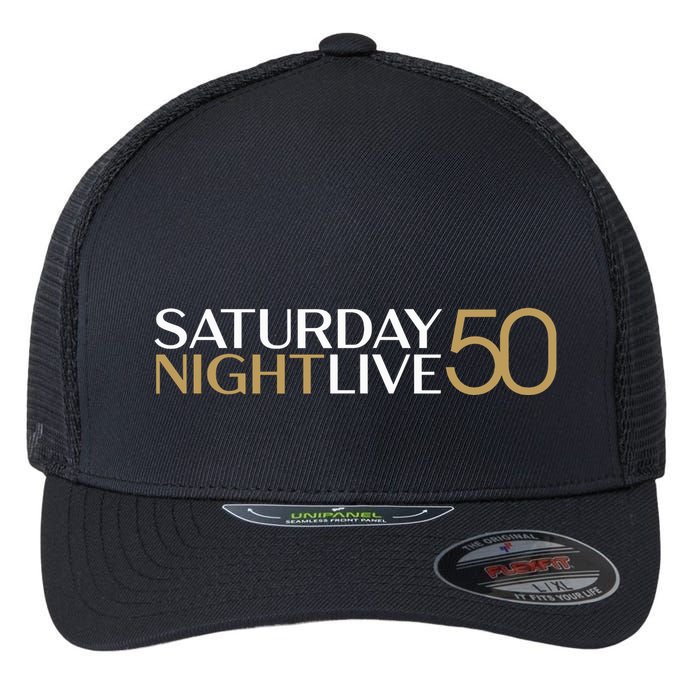S.N.L S.A.T.U.R.D.A.Y N.I.G.H.T Live 50 White And Gold Flexfit Unipanel Trucker Cap