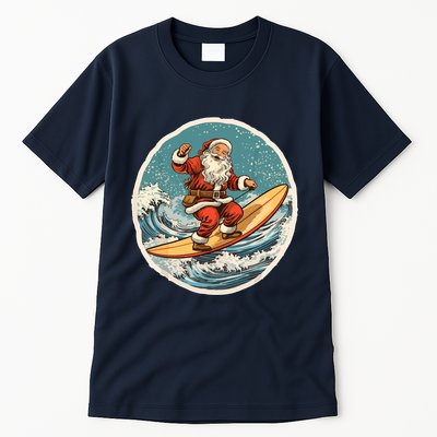 Surfing Santa On Surfboard Christmas In July Summer Surf Tall T-Shirt