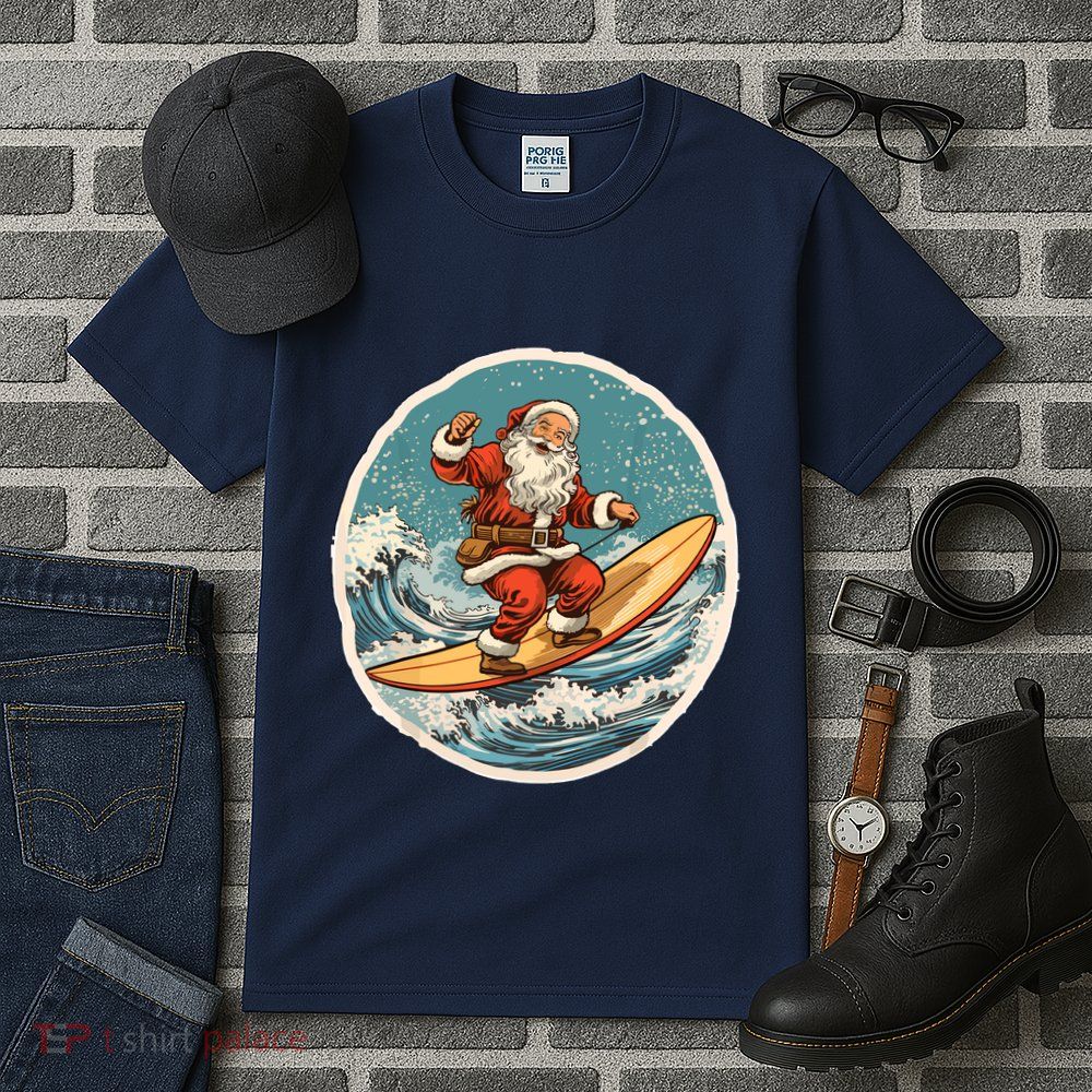 Surfing Santa On Surfboard Christmas In July Summer Surf Tall T-Shirt
