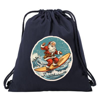 Surfing Santa On Surfboard Christmas In July Summer Surf Drawstring Bag