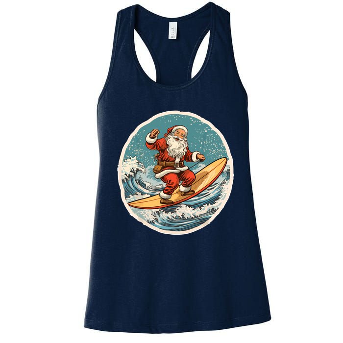 Surfing Santa On Surfboard Christmas In July Summer Surf Women's Racerback Tank