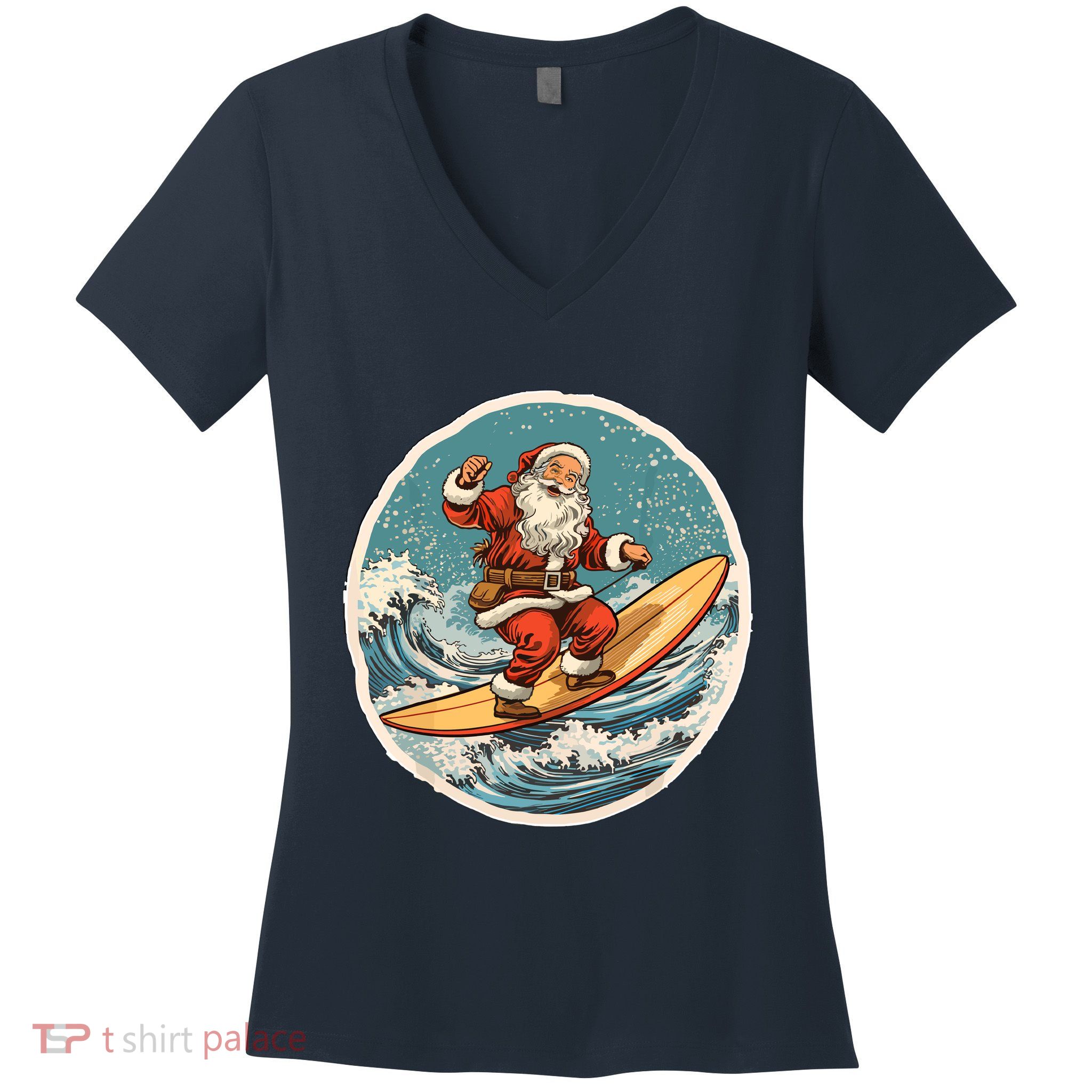 Surfing Santa On Surfboard Christmas In July Summer Surf Women's V-Neck T-Shirt