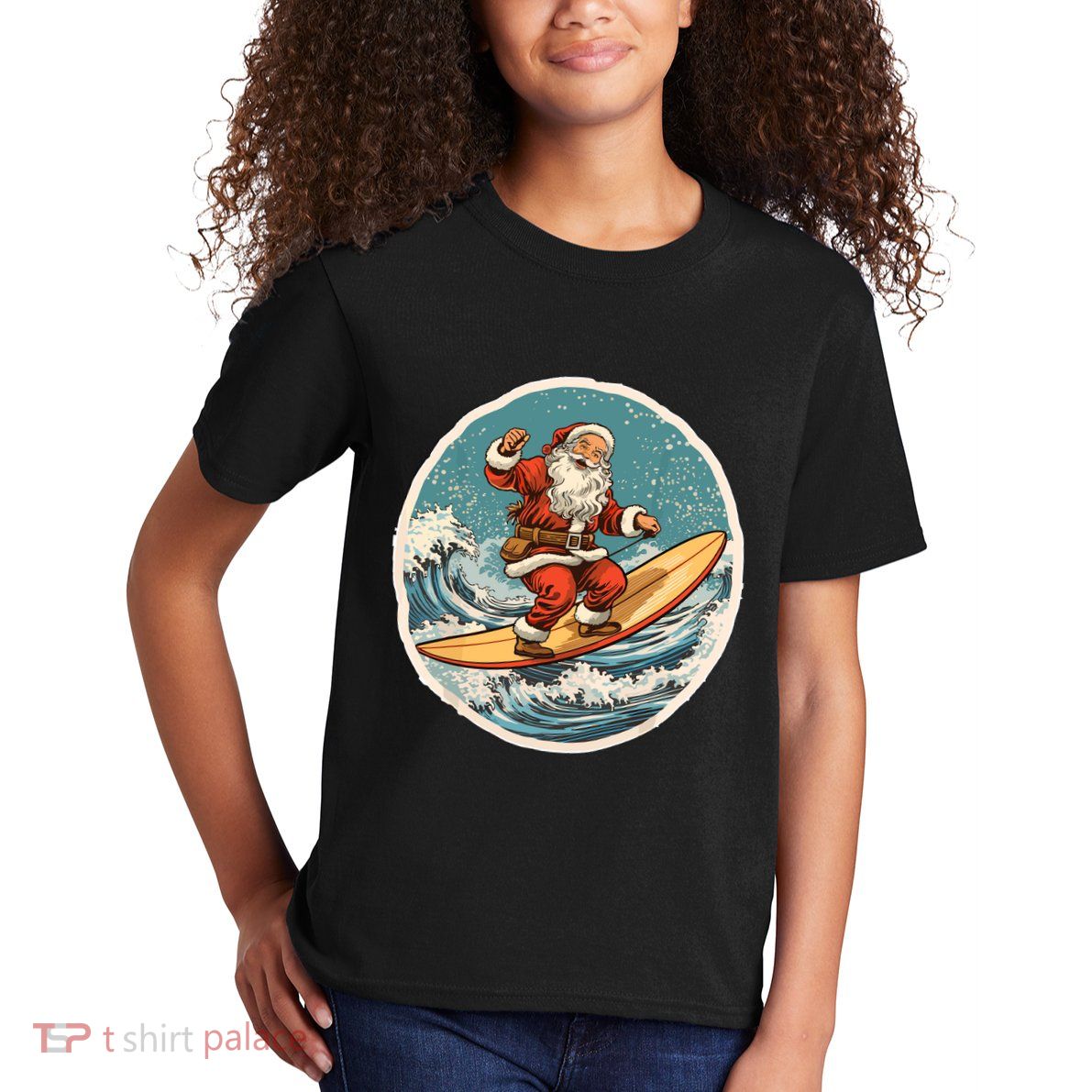 Surfing Santa On Surfboard Christmas In July Summer Surf Kids T-Shirt