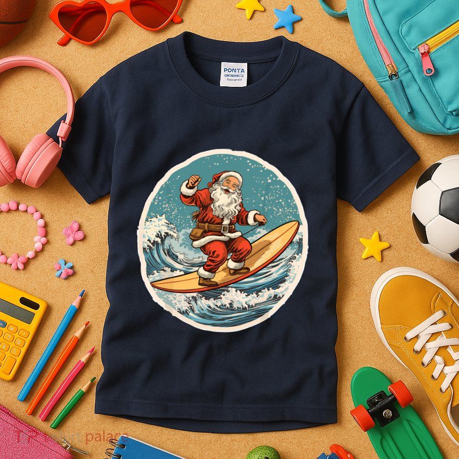 Surfing Santa On Surfboard Christmas In July Summer Surf Kids T-Shirt