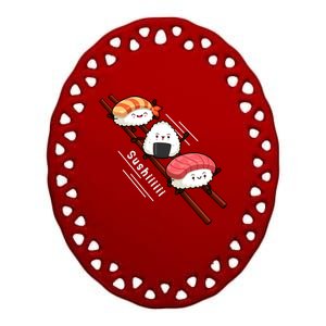 Sushi Sliding On Chopsticks Funny Kawaii Anime Japanese Food Gift Ceramic Oval Ornament