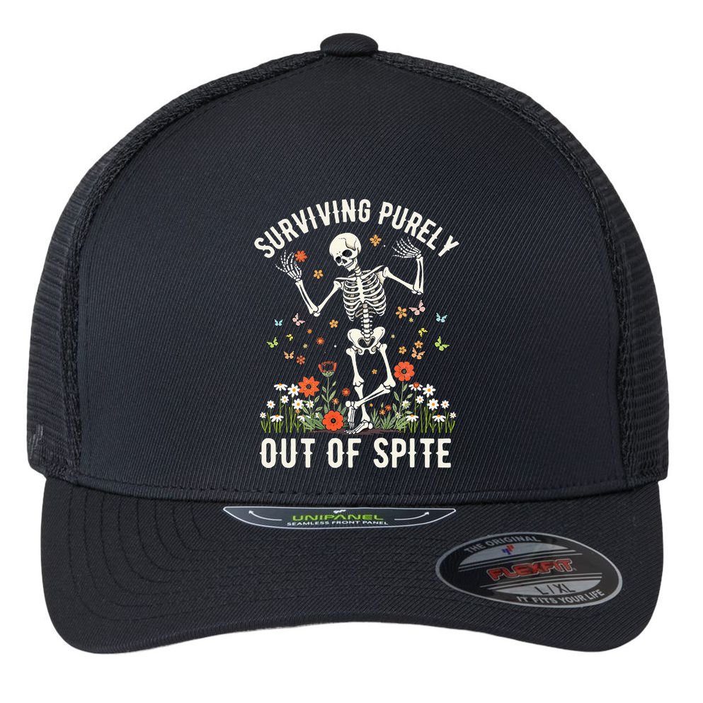 Skeleton Surviving Out Of Spite Alive Out Of Spite Flexfit Unipanel Trucker Cap