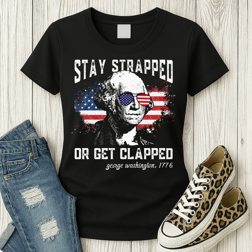 Stay Strapped Or Get Clapped George Washington 4th Of July Womens T-Shirt