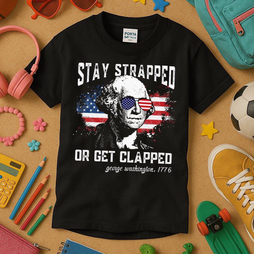Stay Strapped Or Get Clapped George Washington 4th Of July Kids T-Shirt