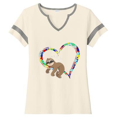 Sloth Sleep On Heart Puzzle Sloth Lover Autism Awareness Ladies Halftime Notch Neck Tee