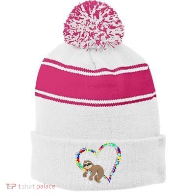 Sloth Sleep On Heart Puzzle Sloth Lover Autism Awareness Stripe Pom Pom Beanie